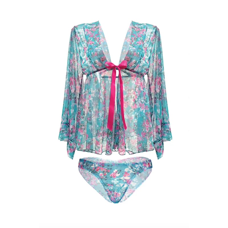 MAI TAI KIMONO SLEEVE ROBE & PANTY SET 1X/2X TURQUOISE