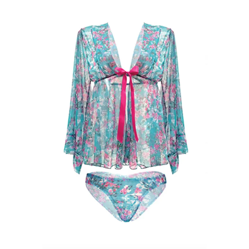 MAI TAI KIMONO SLEEVE ROBE & PANTY SET L/XL TURQUOISE