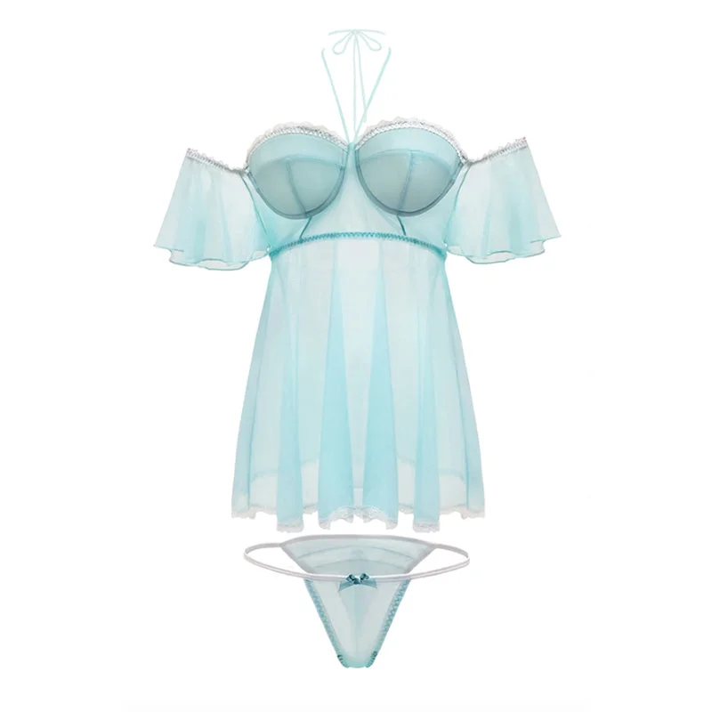 MINT JULEP OFF SHOULacDER MOLDED CUP BABYDOLL & PANTY 1X/2X TURQUOISE