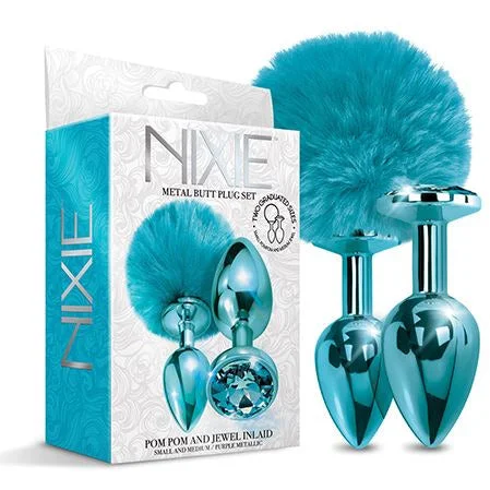 Nixie Metal Anal Plug with Pom Pom & Jewel Set 2pk by Global Novelties