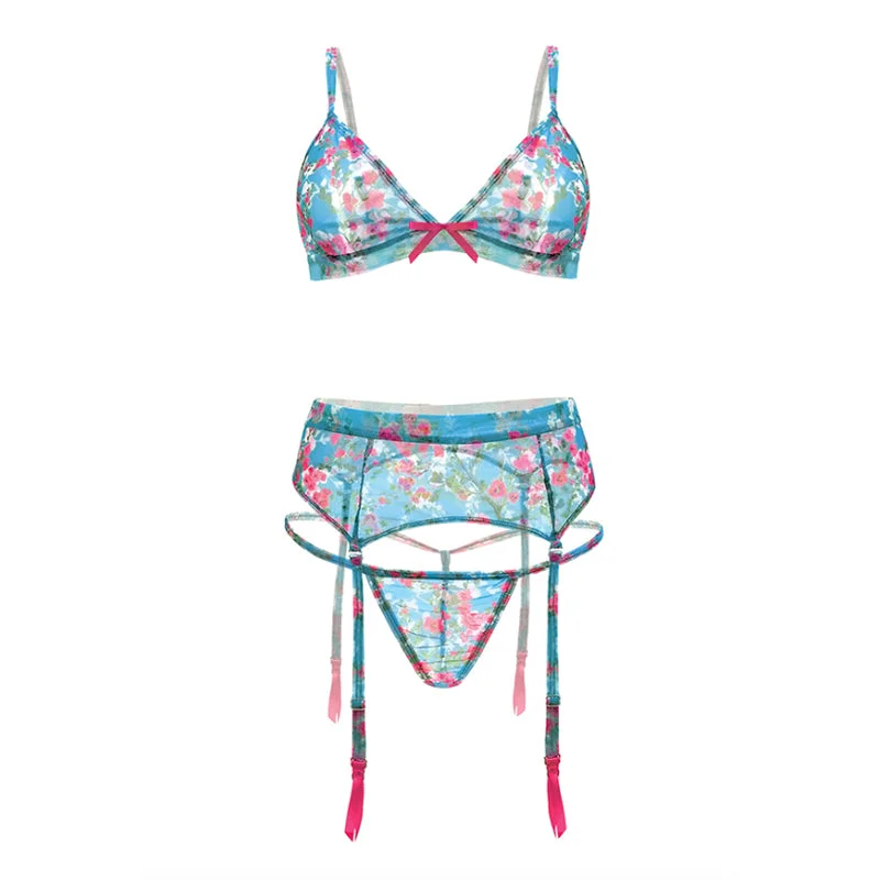 TURQUOISE SEAS FLORAL MESH BRALETTE, GARTER BELT & G-STRING 1X/2X TURQUOISE