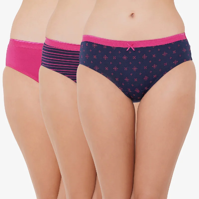 High Rise Full Coverage Solid and Printed Cotton Stretch Hipster Panty (Pack of 3) - 3FCB-17