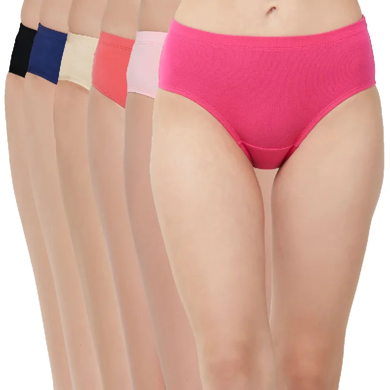 High Rise Full Coverage Solid Colour Cotton Stretch Hipster Panty (Pack of 6) - 6FCB-19